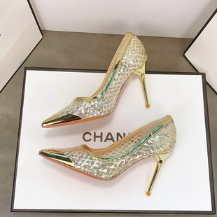 细跟单鞋 法式 亮面高级感宴会鞋 女亮片网纱透气时尚 金属尖头高跟鞋
