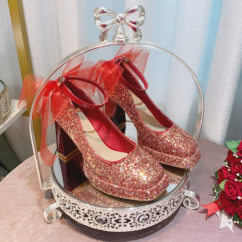 亮片蝴蝶结秀禾婚纱鞋宴会新娘鞋
