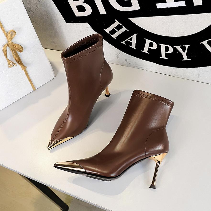 短靴欧美金属尖头细跟高跟瘦瘦靴