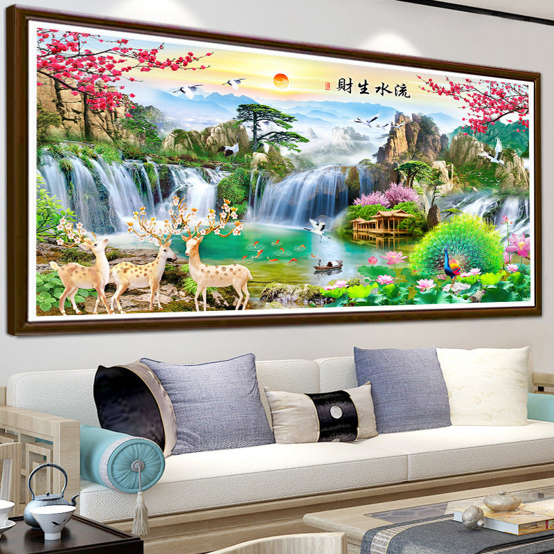 大格棉丝线绣流水生财印花十字绣迎客松2026新款客厅山水画风景画