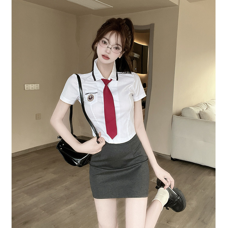 韩式校服夏季学院风修身收腰白色短袖衬衫女JK制服裙子两件套装