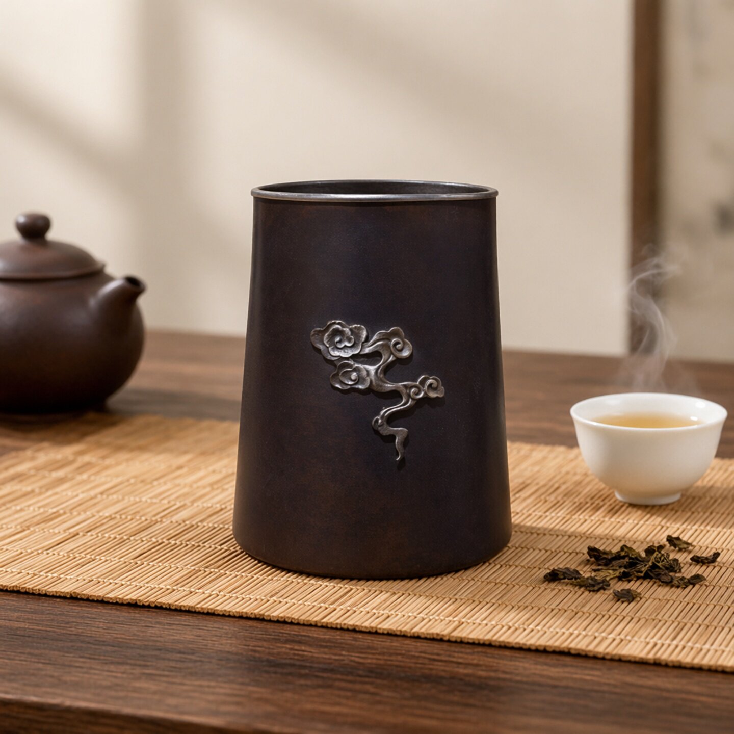 日式复古做旧笔筒手工茶道配件装饰茶杯套云纹铜钉工艺防烫咖啡色