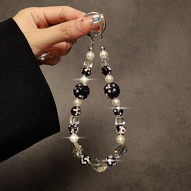 奢华高级感黑色水钻珠子手提链条手腕短挂绳壳包包钥匙挂件潮