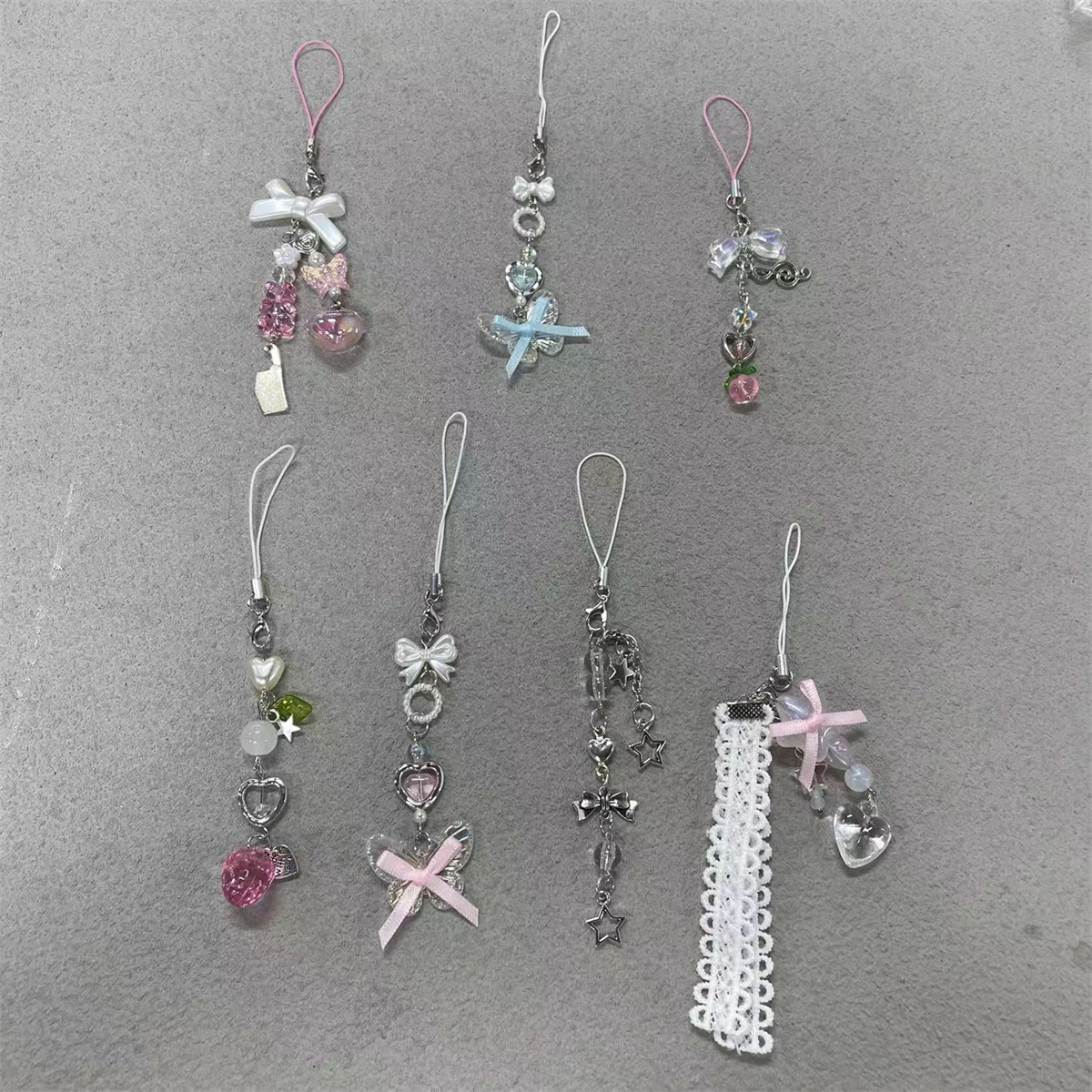 韩系ins甜美少女挂链银色星星蝴蝶结挂绳简约百搭咕卡挂件