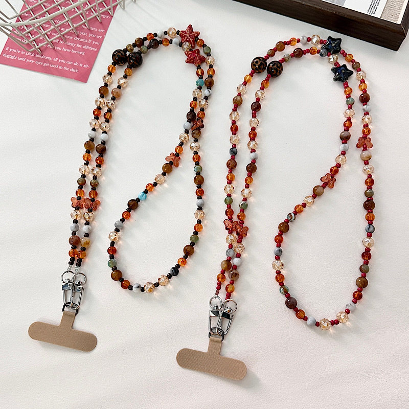 ins琥珀豹纹圆珠海星少女串珠挂链链条挂绳背带包包长款通用