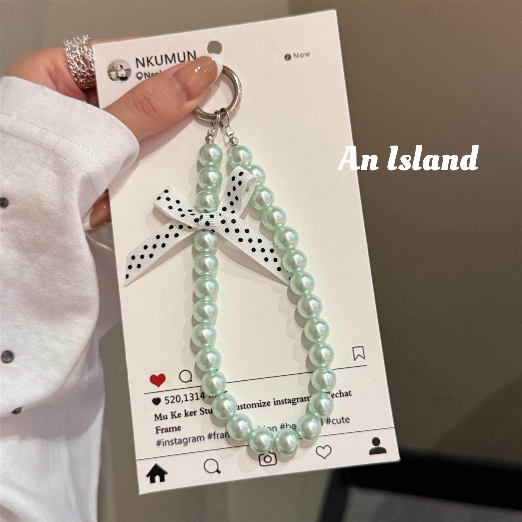 ins韩风薄荷绿珍珠波点蝴蝶结挂链配饰钥匙扣包挂ccd包挂件