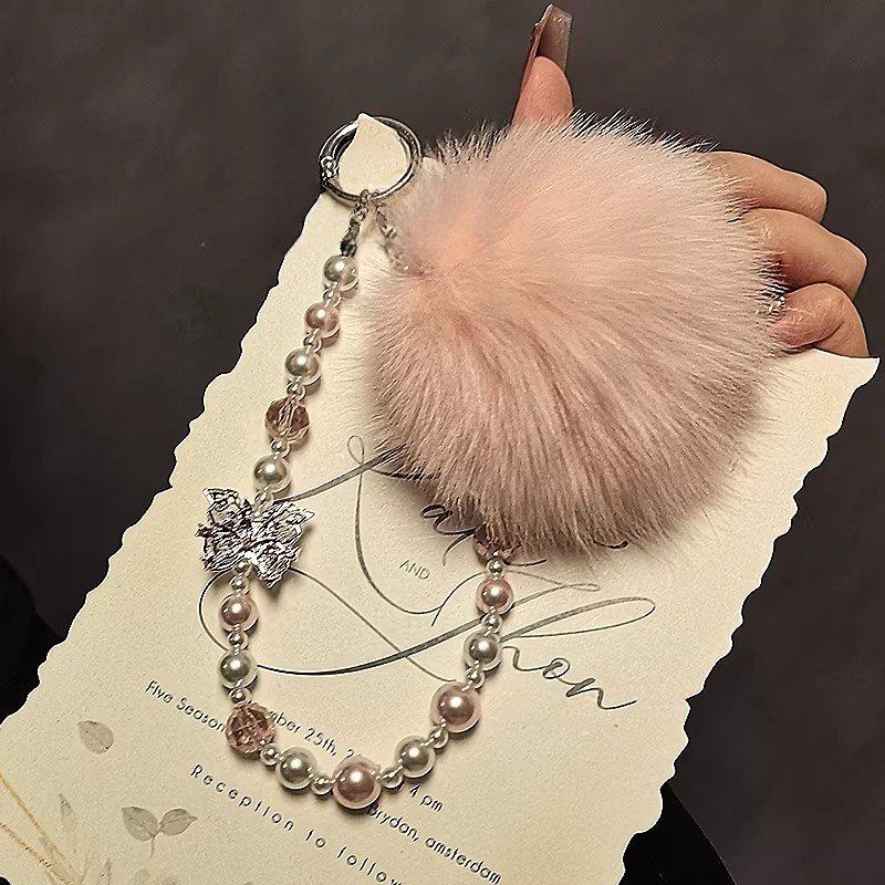 秋冬粉毛球珍珠串珠手提链手腕短挂绳保护壳汽车钥匙扣包包挂件潮,3C数码配件,手机挂件/手机链,淘宝优惠券,粉丝福利购,淘宝优惠卷
