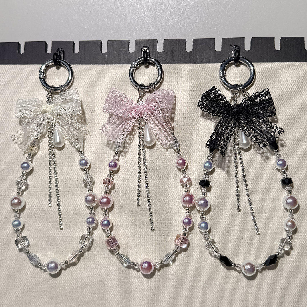 超闪珍珠手机链蕾丝蝴蝶结手机挂绳创意挂链手腕式手提挂件钥匙扣