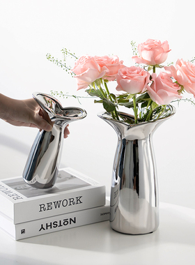 高级感轻奢北欧银色陶瓷花瓶摆件客厅插花瓶水培鲜花玄关餐桌装饰