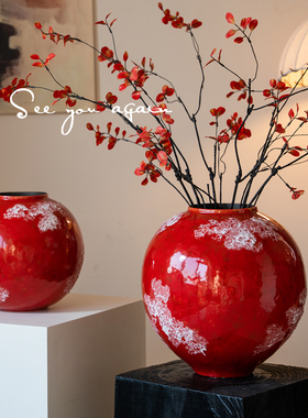 花瓶复古新中式红色陶瓷摆件水培插花高级感客厅餐桌新年喜庆装饰