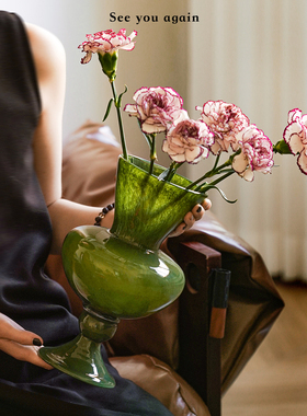 氛围感新家花瓶中古复古艺术绿色玻璃创意水培鲜花插花瓶客厅摆件