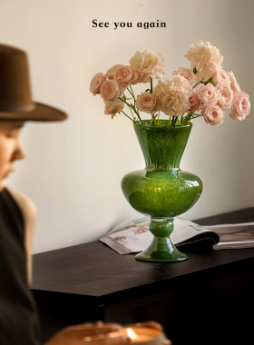 新中式超好看意式复古绿色玻璃花瓶鲜花插花客厅家居装饰餐桌摆件