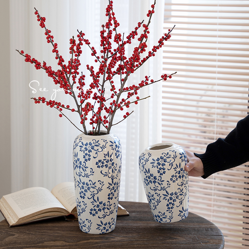 高级感陶瓷花瓶青花瓷复古客厅装饰品摆件水培冬青雪柳腊梅插花瓶