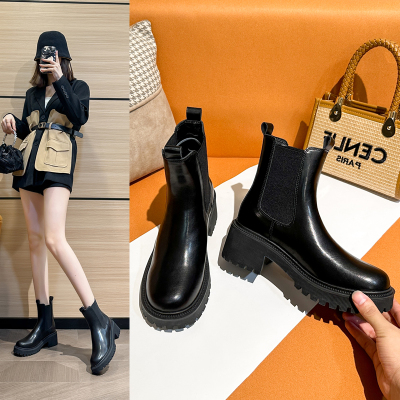 真皮~厚底增高切尔西短靴女2025新款秋冬季英伦马丁靴高跟烟筒靴