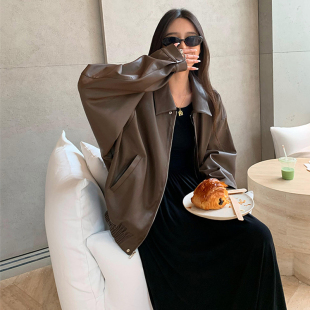 2025秋季 新美国覆古棕色真皮上衣女子摩托车上衣上衣美拉德穿