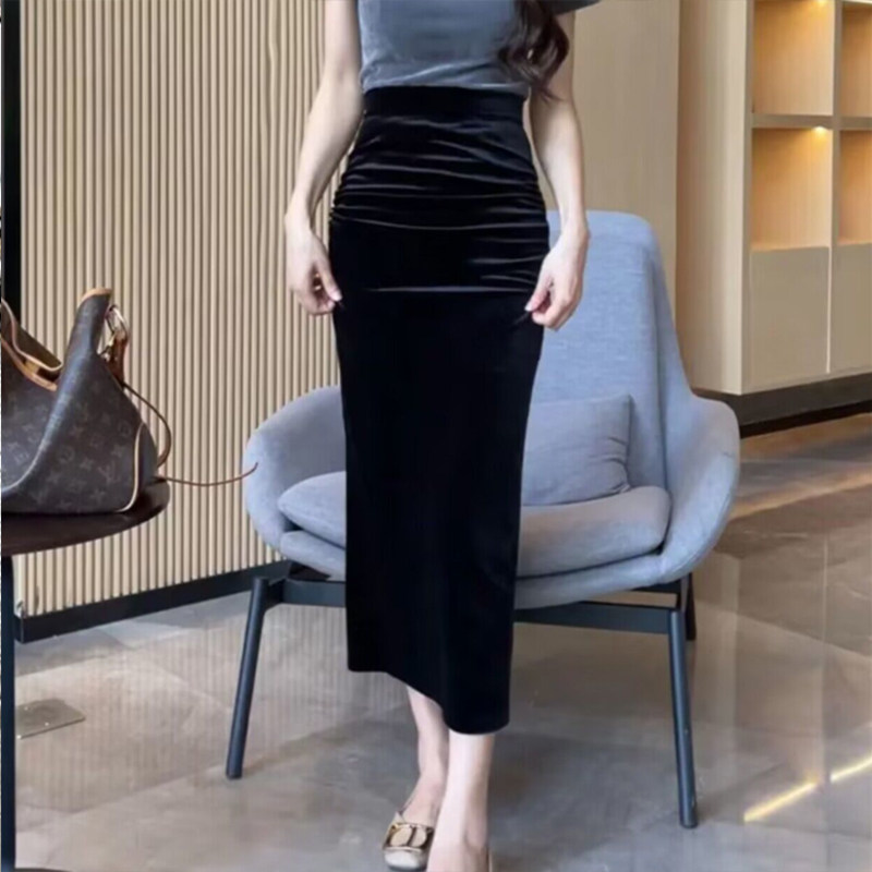 春秋季金丝绒半身裙女褶皱包臀裙长裙高腰开叉复古显瘦丝绒一步裙
