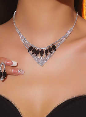 DINGKA高档复古满钻几何椭圆项链耳环两件套时尚气质百搭首饰套装