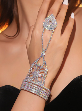 欧美多层金银AB水钻连指手链女闪亮满钻手镯弹力手指链新娘手饰品