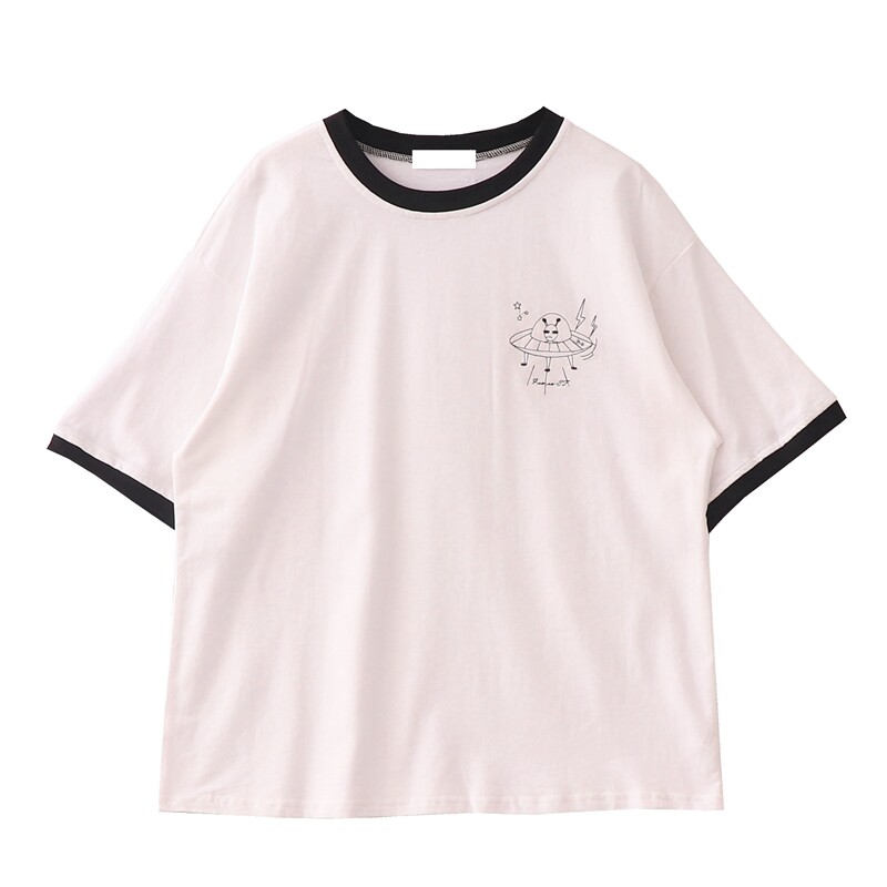 自制夏季日系卡通动漫刺绣飞碟图案宽松bf风白t恤女百搭撞色上衣