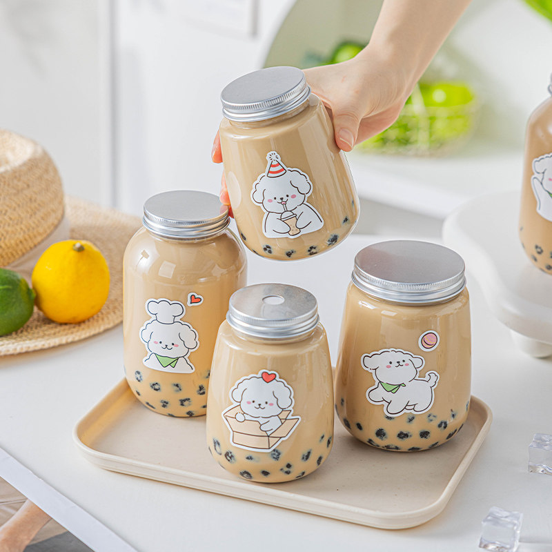 奶茶杯透明PET材质带铝盖防漏外带打包冷饮使用卡通小狗可爱