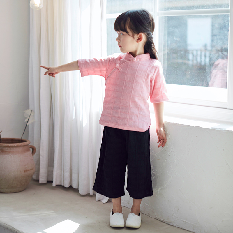 女童汉服春秋棉麻改良宝宝唐装中国风复古儿童民国风套装俩件套热销18件假一赔十