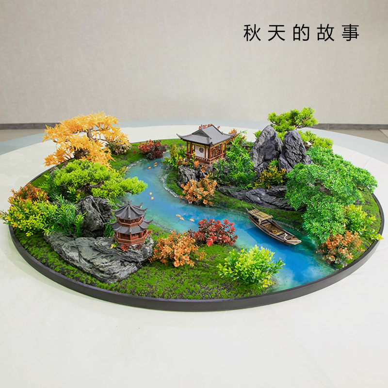 酒店大圆桌转盘中间摆件新中式餐桌桌花摆花盆景景观电动圆台装饰