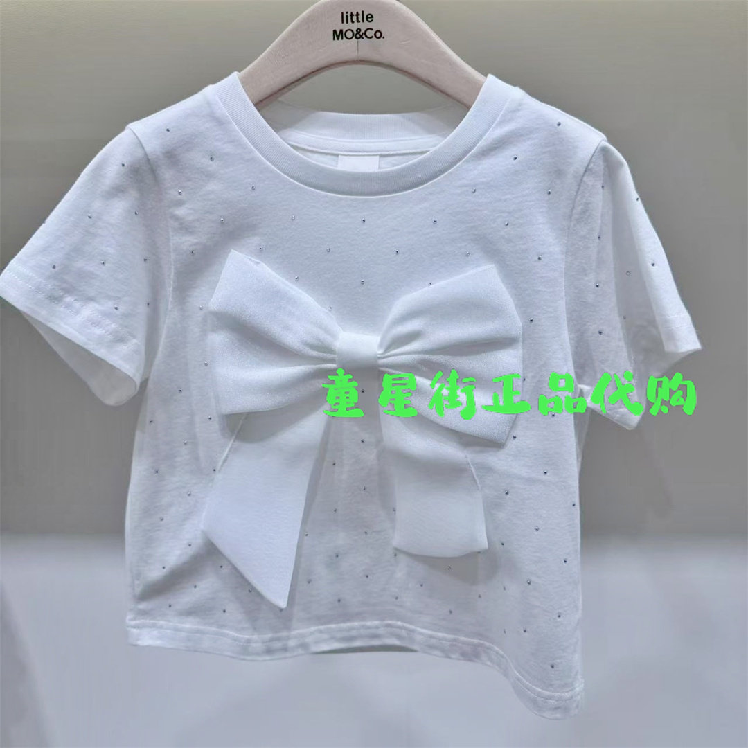 littlemoco专柜正品25年夏女童立体蝴蝶结烫钻短袖T恤KBE2TEE019