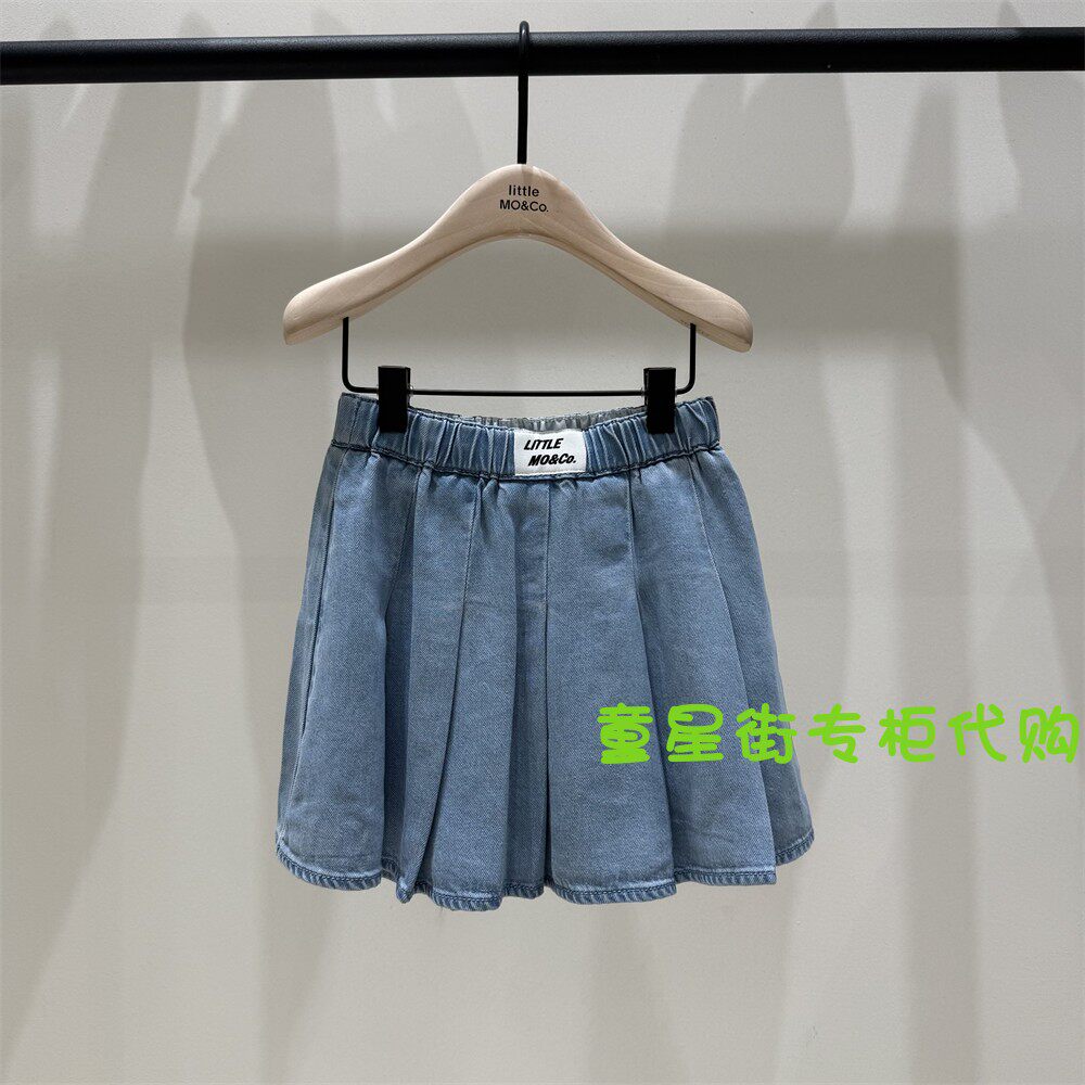 littlemoco专柜正品25夏女童百褶牛仔半身裙含安全裤KBE2SKT016