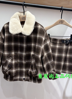 little moco专柜正品26年春款男女童格子毛领棉衣外套KBF1QJK012