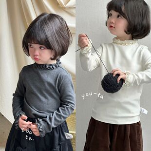 女童26秋冬半高领打底衫 潮 女宝宝花边T恤中小童甜美上衣纯棉长袖