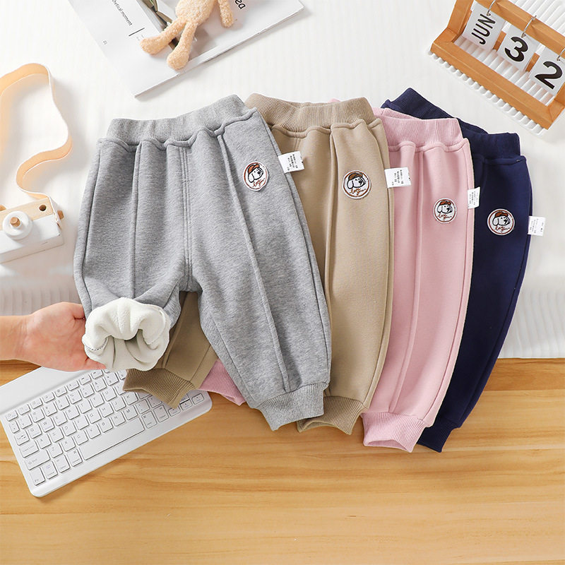 秋冬新款韩版童裤儿童加绒卡通卫裤一体绒小狗运动裤幼儿园长裤