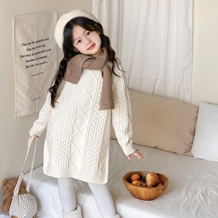 温柔系中长款白色女童毛衣韩版百搭中大童毛衣包臀加厚女童针织衫