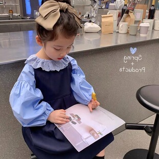 2026女童时尚韩版花边领衬衫背心裙春装新款宝宝藏青蓝套装潮