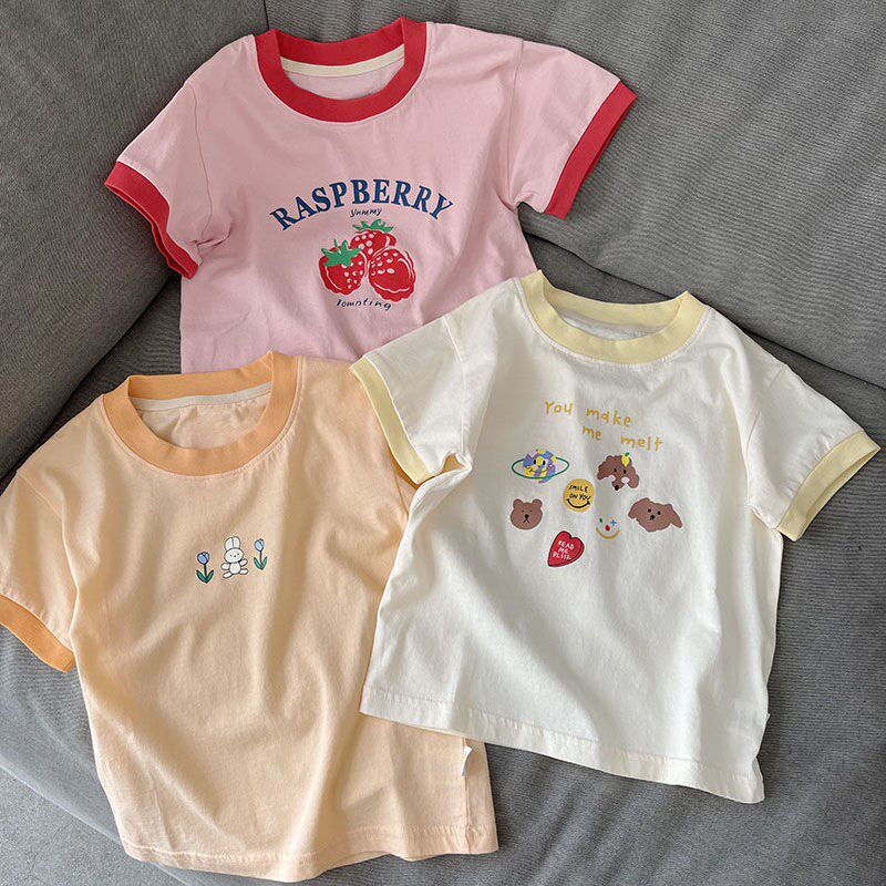 配色超好看 洋气撞色可爱印花 夏季纯棉短袖t恤宽松版型 女宝童装