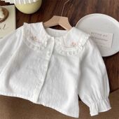 打底衫 长袖 上衣儿童衣服洋气 女童女宝花朵刺绣翻领白色衬衫 春秋款