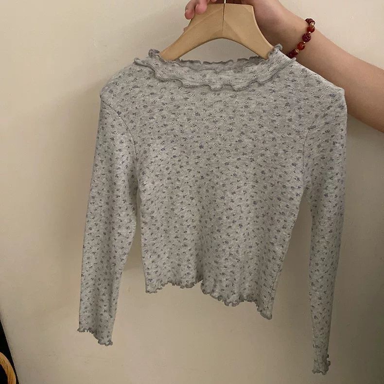 韩版女宝宝木耳边碎花打底衫T恤