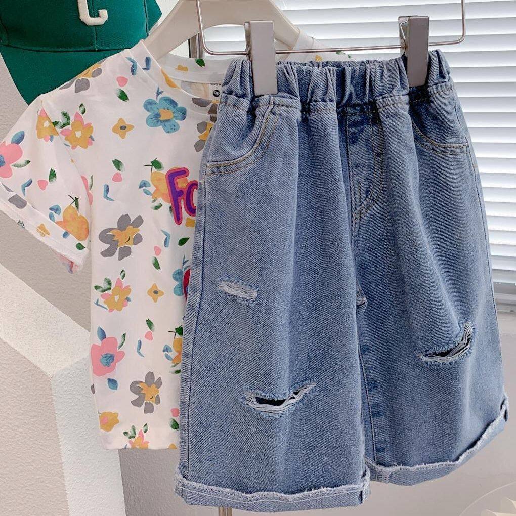 宝宝夏装牛仔裤男童女童七分裤2026新款儿童破洞夏季洋气中裤潮