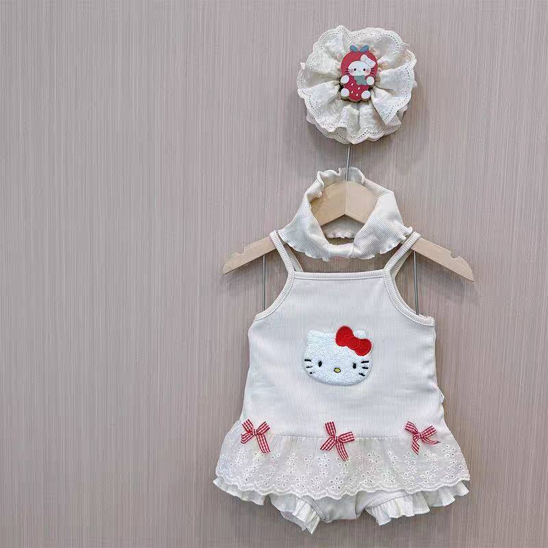 宝宝分体套装2026夏季婴儿薄棉红格蝴蝶结猫咪背心大PP短裤两件套