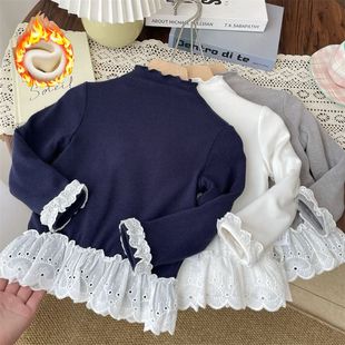 加厚上衣 T女宝加绒打底衫 25秋冬款 女童蕾丝花边一体绒半高领长袖