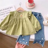 女宝宝春装 公主小童小衫 上衣婴儿绿色小飞袖 女童娃娃衫 女 衬衫 韩版