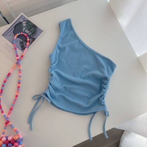 女童夏季抽绳系带斜领露脐背心