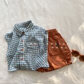 新款 儿童韩版 男童2026夏季 格子衬衫 女宝百搭透气拼接翻领衬衣 无袖