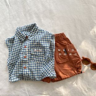 儿童韩版无袖格子衬衫男童2025夏季新款女宝百搭透气拼接翻领衬衣