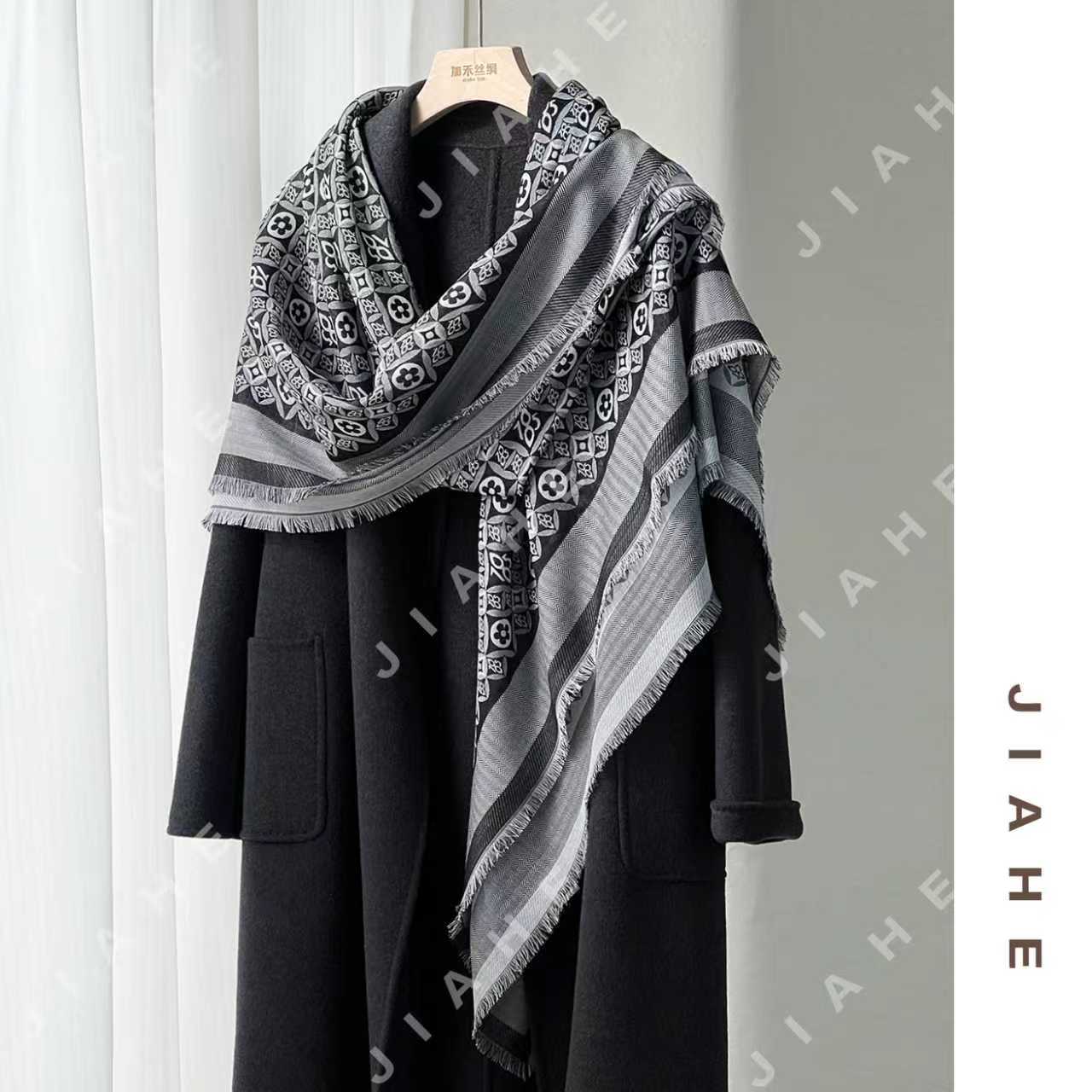 加禾【老花经典】重磅蚕丝羊毛混纺围巾披肩大方巾135*135