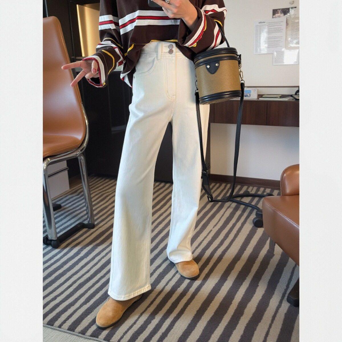 梨妹之家白色窄版牛仔裤女直筒梨型身材显瘦休闲百搭宽松烟管裤子,女装/女士精品,牛仔裤,淘宝优惠券,粉丝福利购,淘宝优惠卷