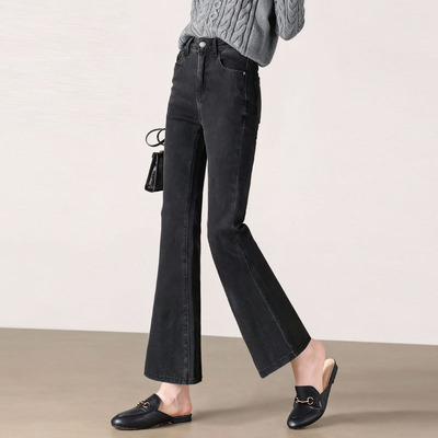 黑色加绒微喇牛仔裤女2025秋冬季新款九分小个子高腰显瘦喇叭裤子