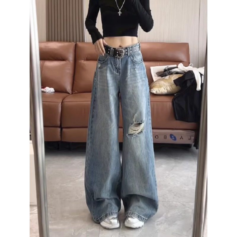 美式复古破洞阔腿牛仔裤女2025秋季新款宽松遮胯设计感直筒拖地裤,女装/女士精品,牛仔裤,淘宝优惠券,粉丝福利购,淘宝优惠卷