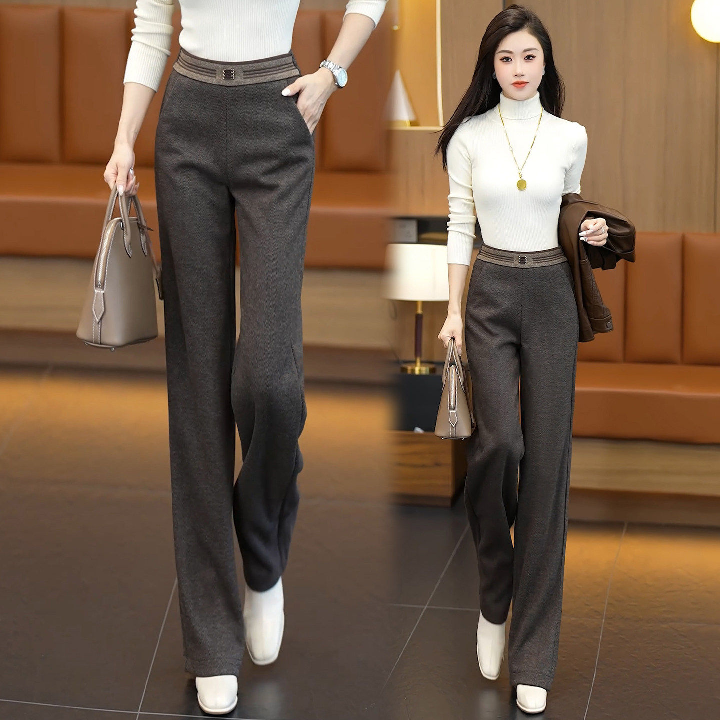 毛呢窄版阔腿裤女秋冬2026新款高腰显瘦直筒裤软糯垂感休闲糯米裤,女装/女士精品,大码裤装,淘宝优惠券,粉丝福利购,淘宝优惠卷