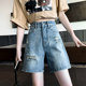 破洞五分牛仔裤 高腰宽松显瘦直筒阔腿休闲5分短裤 女2026夏季 薄款