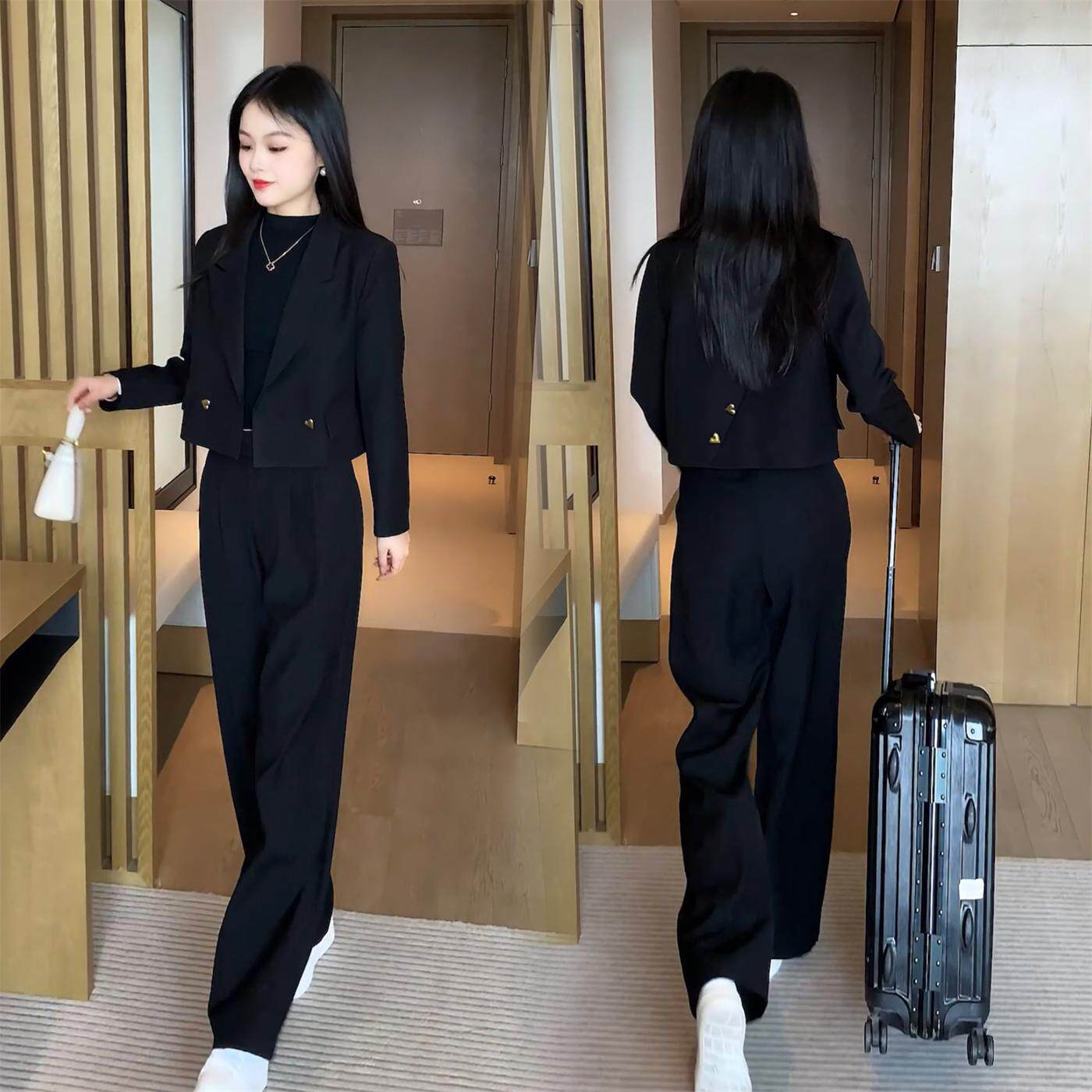 时尚西装套装女2026春秋季新款小个子洋气减龄黑色休闲西服两件套
